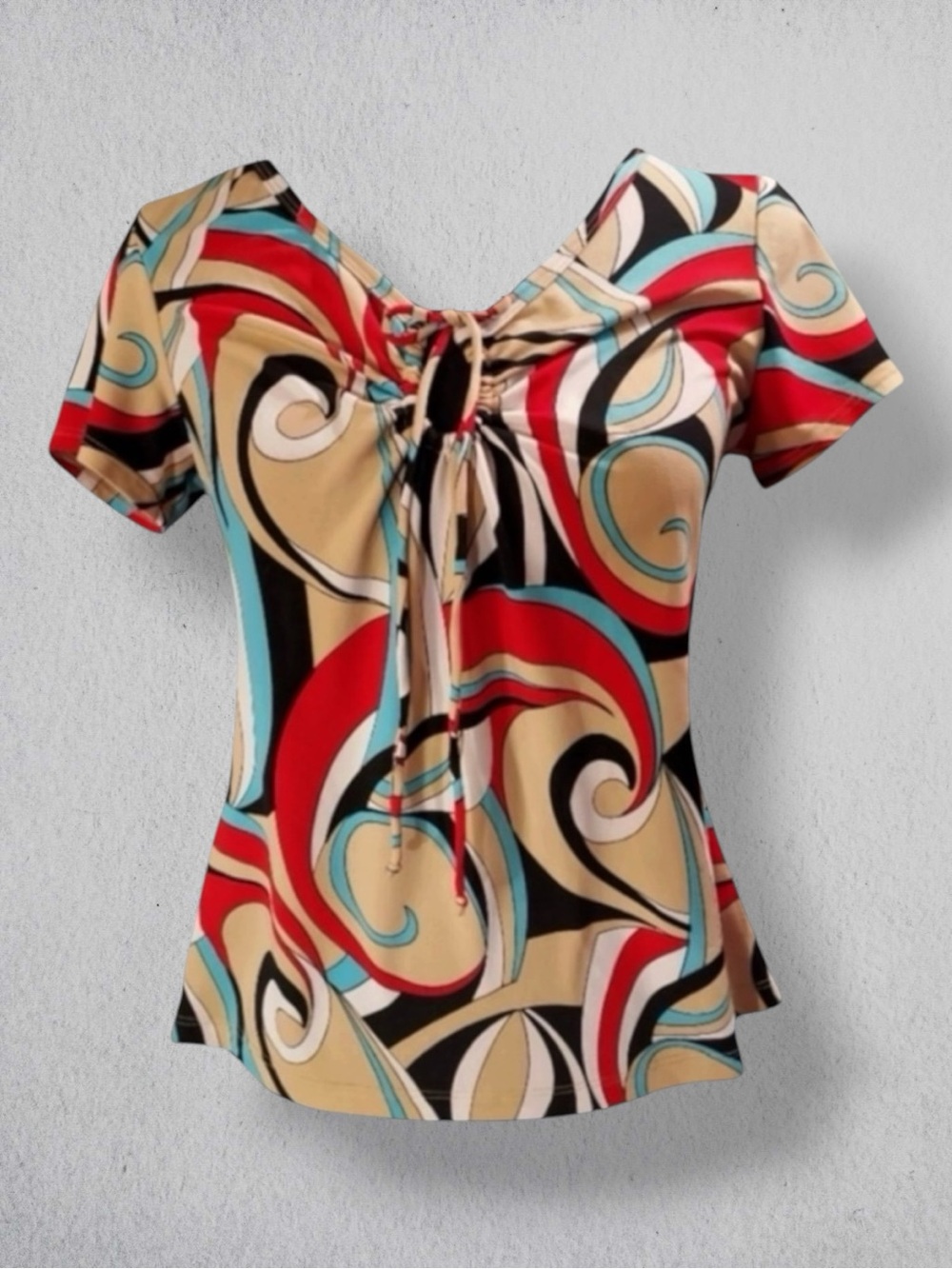 Vintage Jonathan Martin Blouse Top Red Blue Tan Psychedelic Keyhole Tie Y2K M